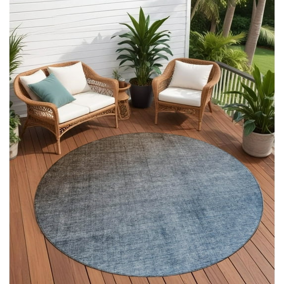 8' Round Blue and Green Round Ombre Washable Non Skid Indoor Outdoor Area Rug