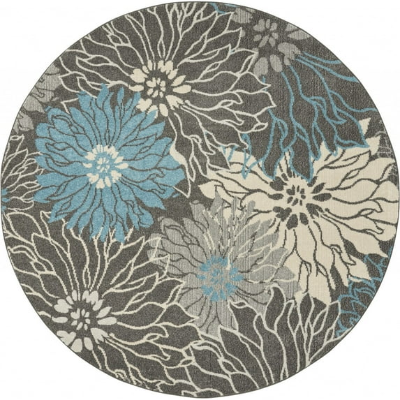 8’ Round Charcoal and Blue Big Flower Area Rug
