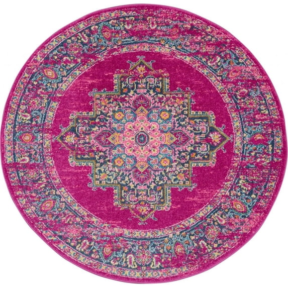 8’ Round Fuchsia and Blue Distressed Area Rug