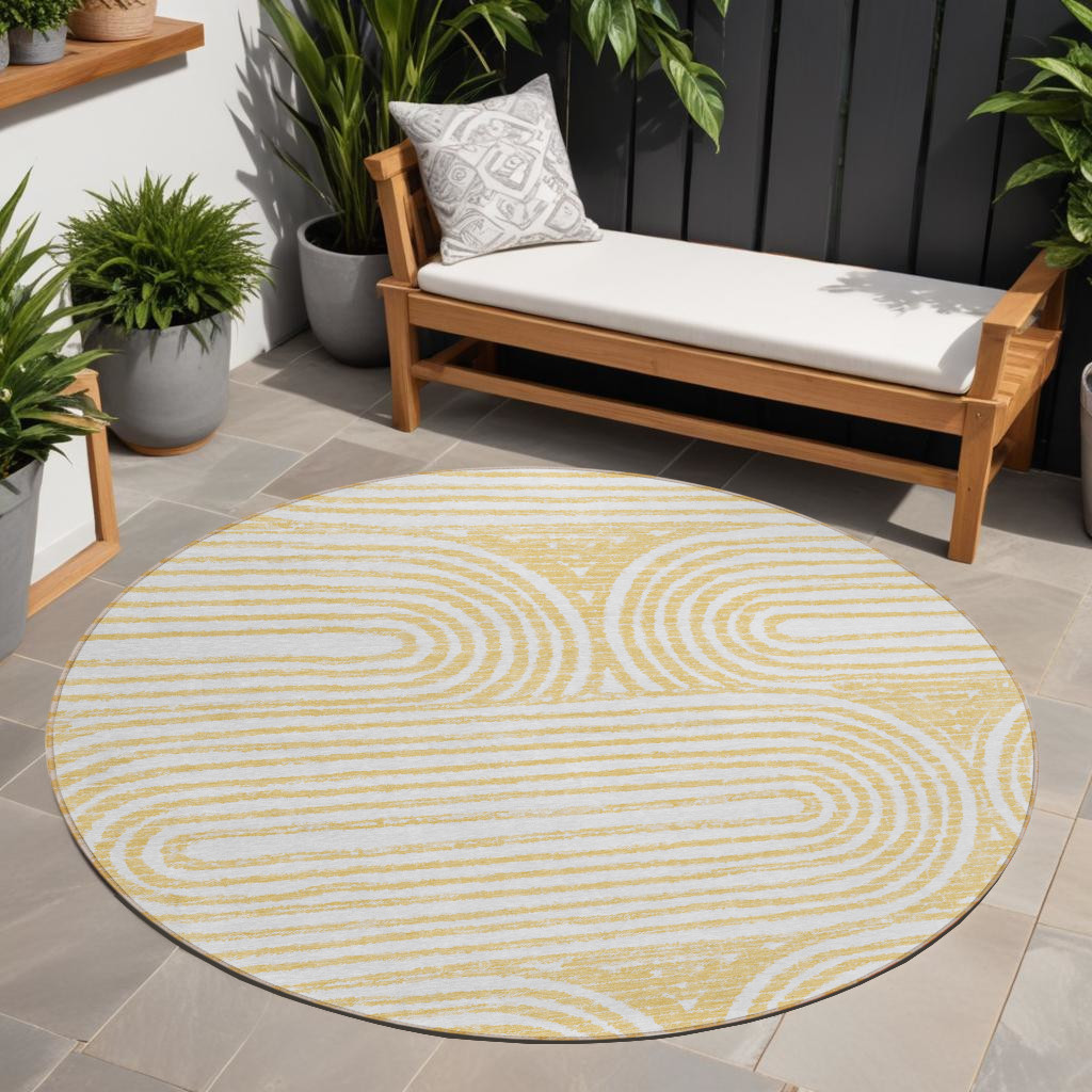 8' Round Gold and White Round Abstract Washable Non Skid Indoor Outdoor ...