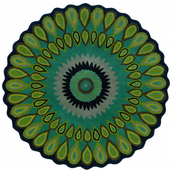 8’ Round Green Peacock Feather Area Rug