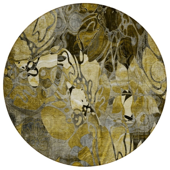 8' Round Green and Brown Round Floral Washable Non Skid Indoor Outdoor Area Rug
