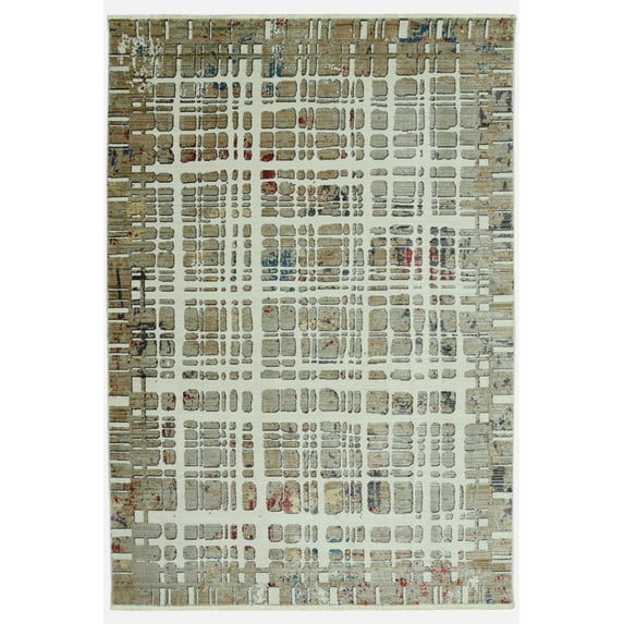 8’ Round Ivory Khaki Distressed Plaid Area Rug