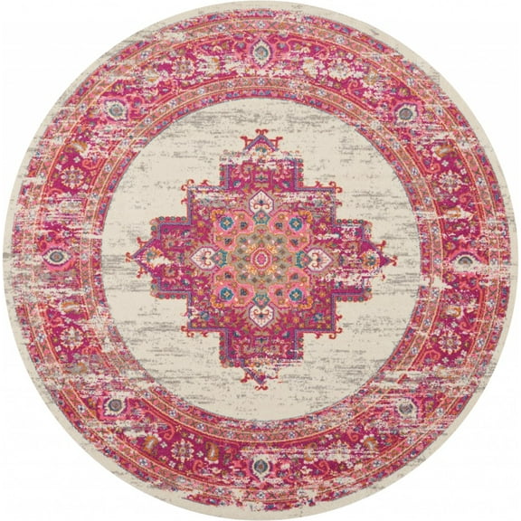 8â€™ Round Ivory and Fuchsia Distressed Area Rug