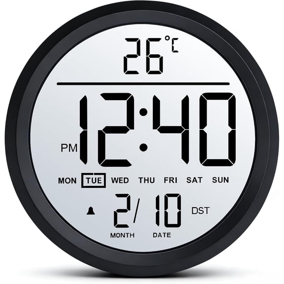 8" Round LCD Digital Wall Clock Battery Operated with Temperature and Date, Big Numbers Display, Auto DST and Alarm, for Office, Classroom, Bedroom, Living Room, Kitchen