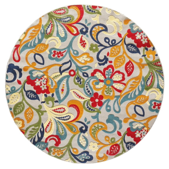 8’ Round Multicolor Jacobean Floral Indoor Outdoor Area Rug
