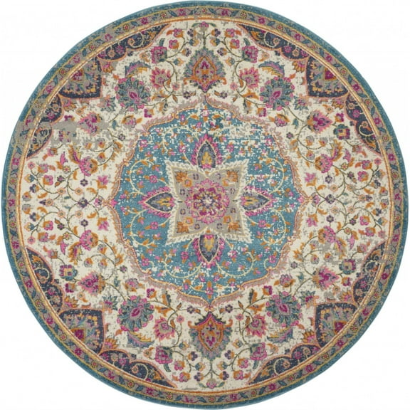 8â€™ Round Pink and Blue Floral Medallion Area Rug