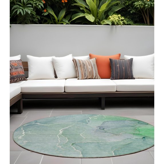 8' Round Teal Round Abstract Washable Non Skid Indoor Outdoor Area Rug