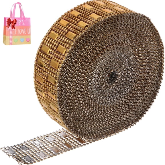 8-Row Faux Diamond Ribbon Roll Gold Rhinestone Bling Mesh Wrap for DIY Craft Party Decoration