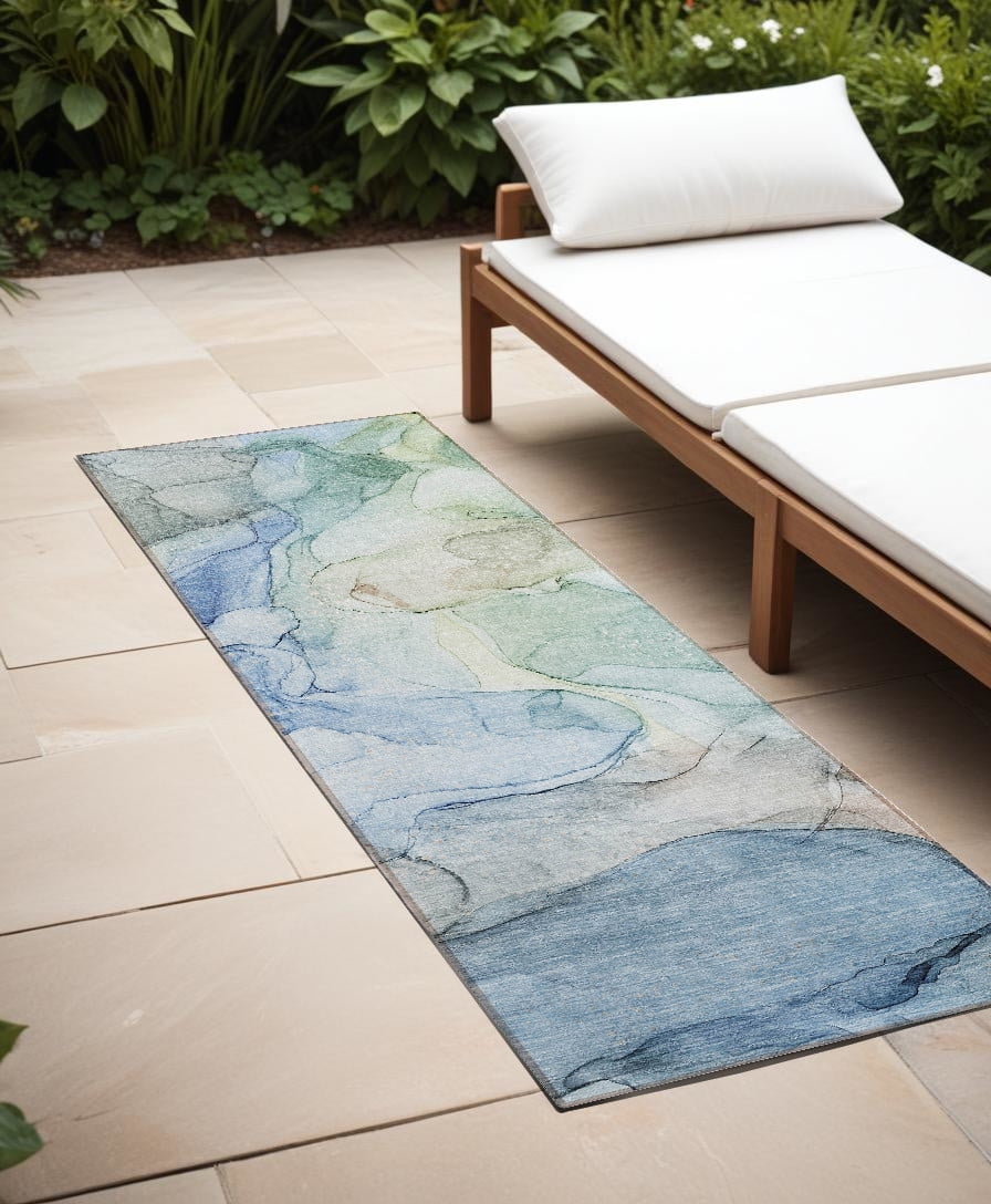 8' Runner Blue Abstract Washable Non Skid Indoor Outdoor Runner Rug ...