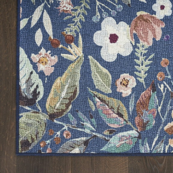 8' Runner Blue Floral Power Loom Washable Non Skid Runner Rug