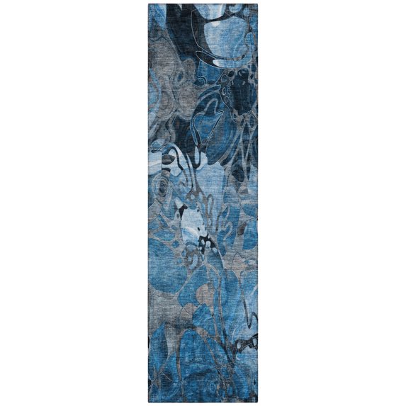 8' Runner Blue and Gray Floral Washable Non Skid Indoor Outdoor Runner Rug