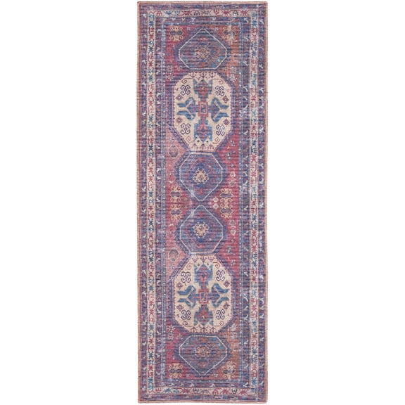 8' Runner Blue and Red Medallion Power Loom Distressed Washable Runner Rug