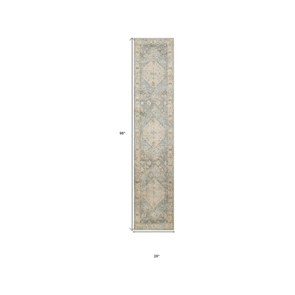 8' Runner Blue and Silver Floral Medallion Power Loom Distressed Washable Runner Rug