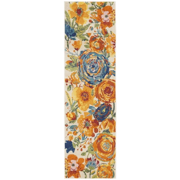 8' Runner Cream Floral Power Loom Runner Rug