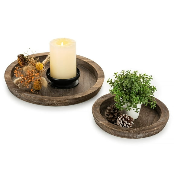 8" Rustic Natural Wood and Metal Candle Holder Tray, Home Decor Accessories for the Coffee Table and Dining Table, Brown