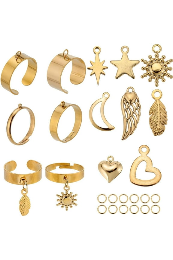 8 SETS 36PCS Stainless Steel Ring with Charm Gold Dangle Rings Metal Star Moon Heart 2024 Adjustable Dangling Charms Open Fashion Statement Ring for Women Men Adult Wedding Diy Craft Jewelry 1box