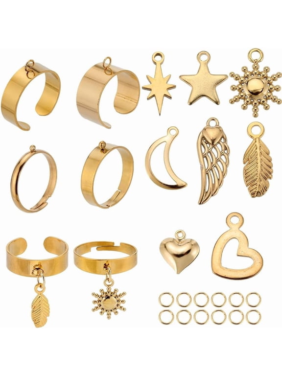 8 SETS 36PCS Stainless Steel Ring with Charm Gold Dangle Rings Metal Star Moon Heart 2024 Adjustable Dangling Charms Open Fashion Statement Ring for Women Men Adult Wedding Diy Craft Jewelry 1box