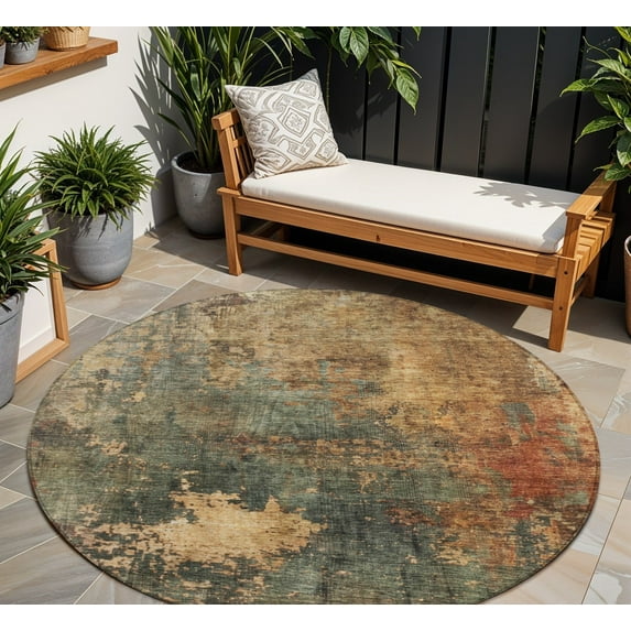 HomeRoots 606106 8 ft. Sage, Tan & Copper Round Abstract Washable Indoor & Outdoor Area Rug