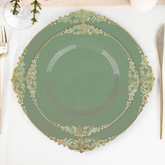 8" Salad Plates -Set of 20 - Plastic Dusty Sage Green Round Baroque Disposable Chargers Leaf Embossed Rim, Ideal for Dinner Party Wedding Bulk Events