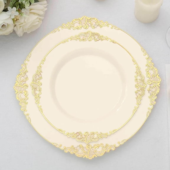 8" Salad Plates -Set of 20 - Plastic Ivory Round Baroque Disposable Chargers Leaf Embossed Rim, Ideal for Dinner Party Wedding Bulk Events