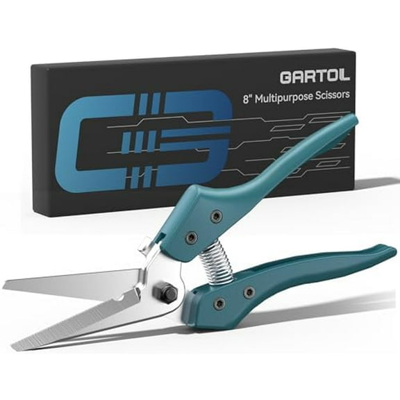 8" Scissors All Purpose Heavy Duty, Ultra sharp Tin Snips with Cable Notch, Finely Serrated Angled-Blades - Industrial Scissors for Carpet, Cardboard, Sheet Metal, Leather, Insulation, Wires