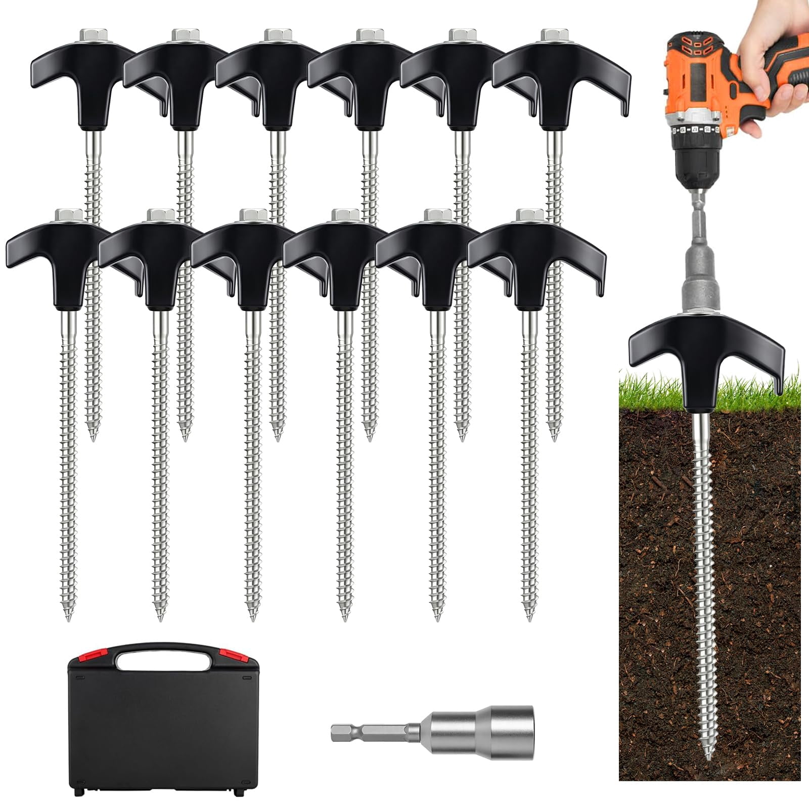 8" Screw In Tent Stakes Heavy Duty  Ground Anchors Metal Threaded Spikes Camping Pegs For Canopies & Gardening Inflatable Decor (12 Black)