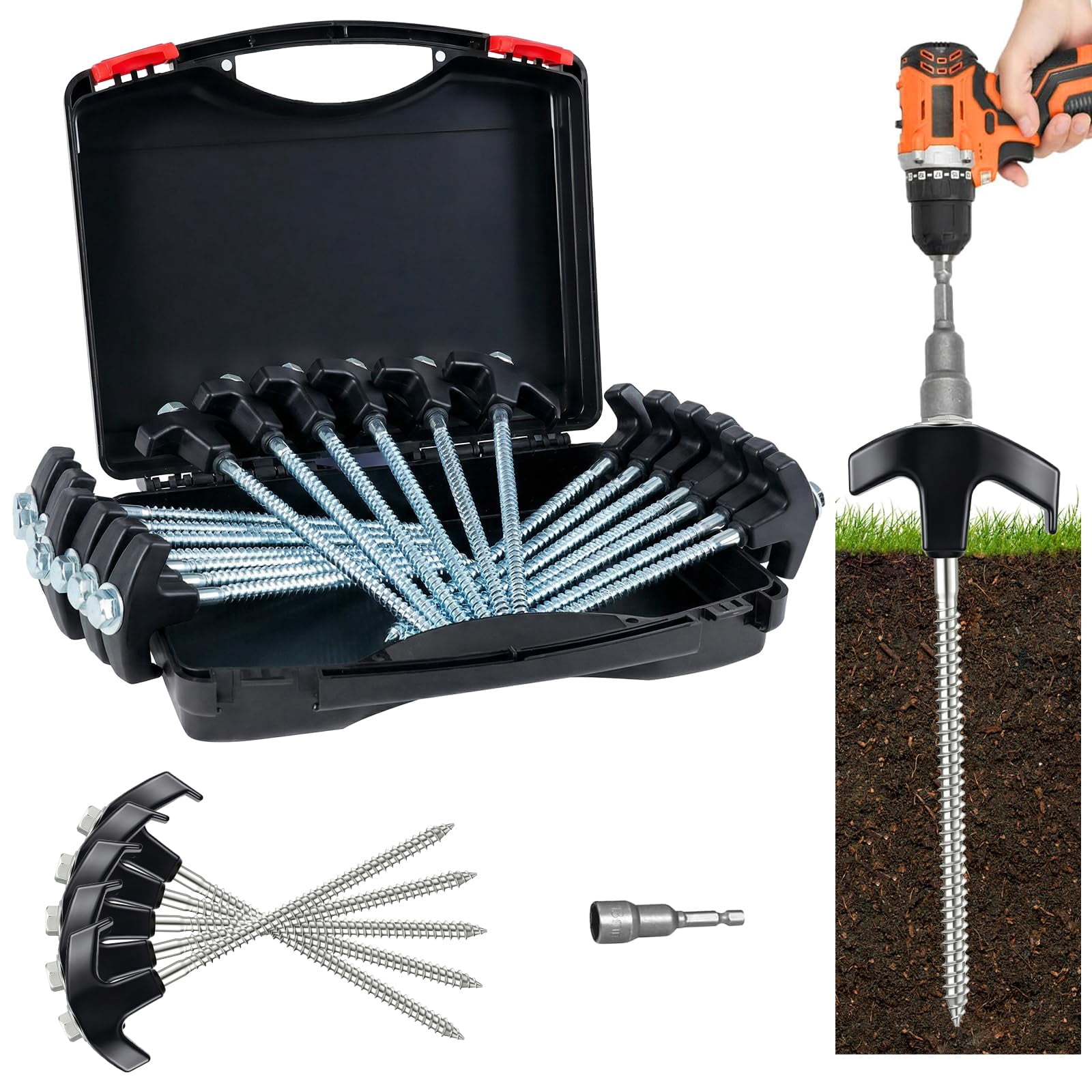 8" Screw In Tent Stakes Heavy Duty  Ground Anchors Metal Threaded Spikes Camping Pegs For Canopies & Gardening Inflatable Decor (20 Black)