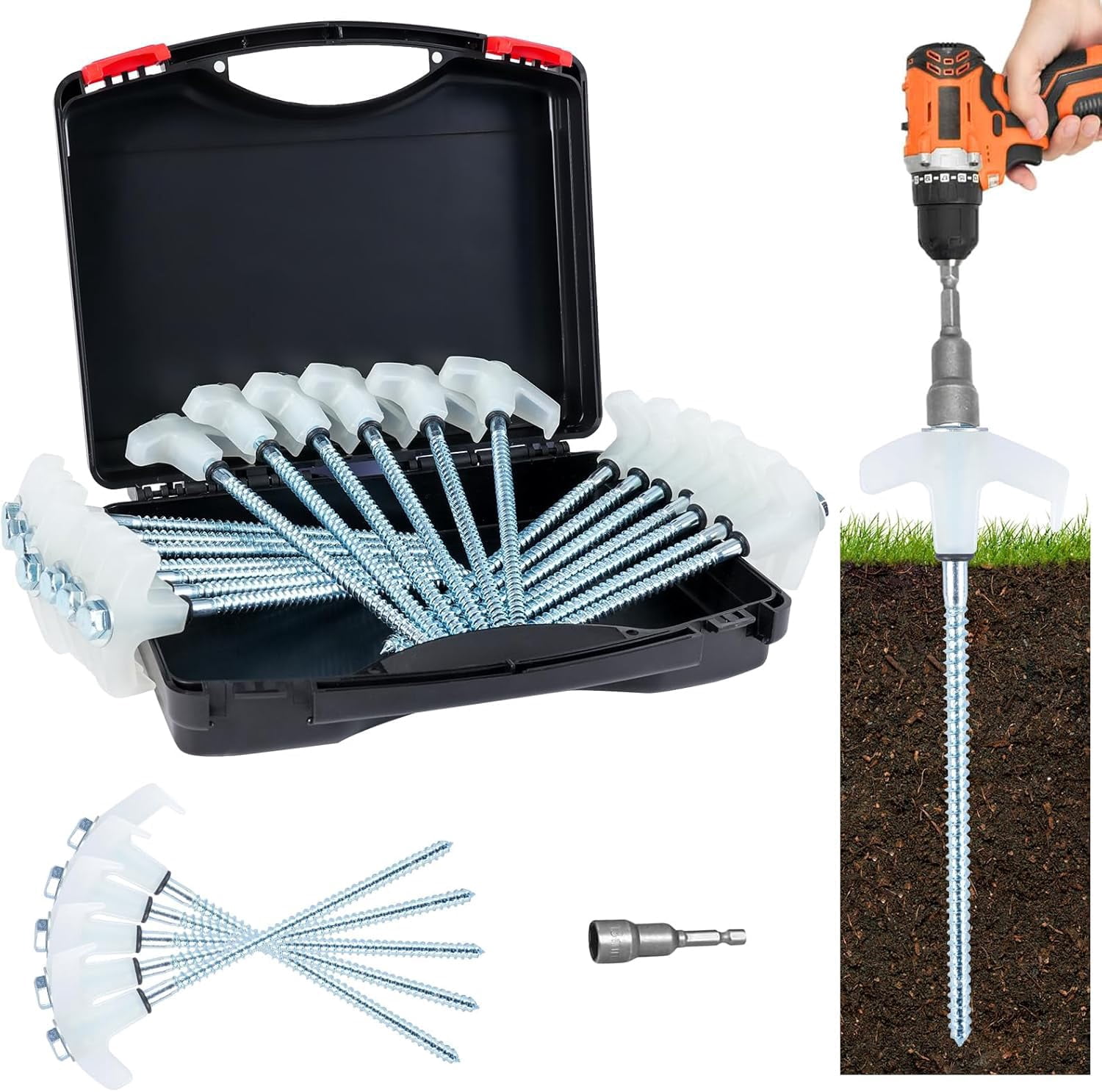 8" Screw In Tent Stakes Heavy Duty  Ground Anchors Metal Threaded Spikes Camping Pegs For Canopies & Gardening Inflatable Decor (20 Luminous)