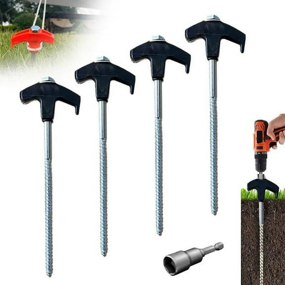 8" Screw in Tent Stakes - Ground Anchors Screw in, 2025 Upgraded Drillable Tent Stakes, Heavy Duty Metal Stake Ground Anchor Peg Threaded Tent Spikes with 1 Hex Head Driver