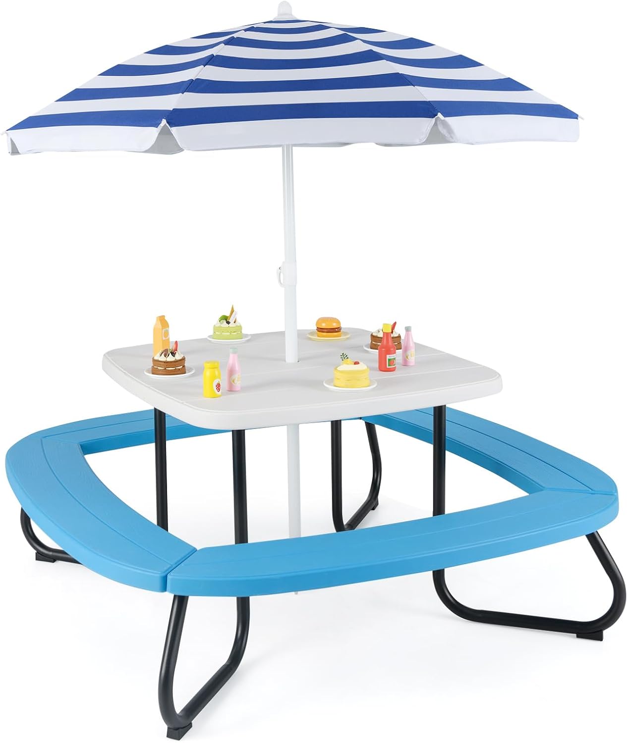 8 Seat Kids Picnic Table with Umbrella & 4 Built-in Benches, Fits 8 ...
