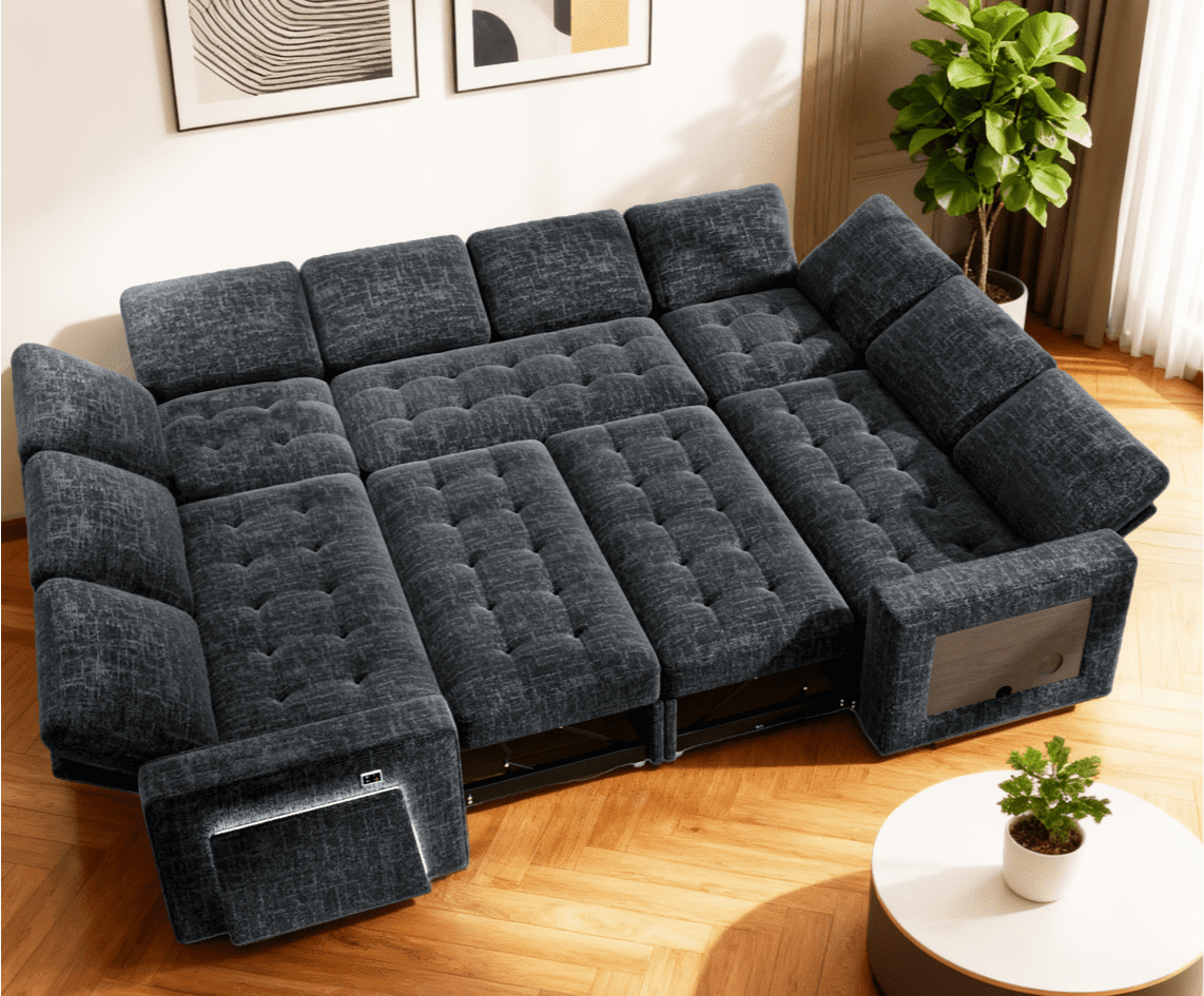 8-Seat Large U Shaped Modular Sectional | Pull Out Bed Sleeper Sofa Dark Black/ Reclining Backrest, USB Ports, LED Light & Storage Seat - Tool-Free Assembly