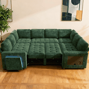 8-Seat Large U Shaped Modular Sectional | Pull Out Bed Sleeper Sofa Dark Green/ Reclining Backrest, USB Ports, LED Light & Storage Seat - Tool-Free Assembly