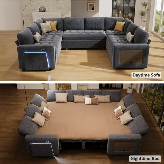 8-Seat Large U Shaped Modular Sectional | Pull Out Bed Sleeper Sofa Dark Grey/ Reclining Backrest, USB Ports, LED Light & Storage Seat - Tool-Free Assembly