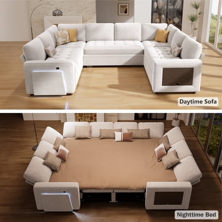 8-Seat Large U Shaped Modular Sectional | Pull Out Bed Sleeper Sofa w/ Reclining Backrest, USB Ports, LED Light & Storage Seat - Tool-Free Assembly
