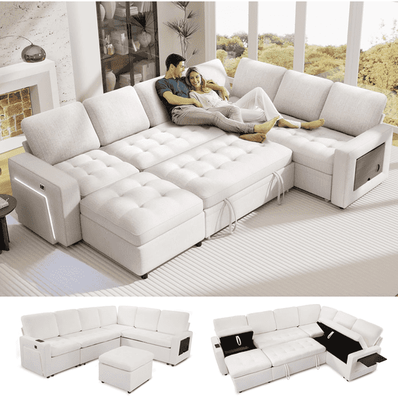 8-Seat Large U Shaped Modular Sectional | Pull Out Bed Sleeper Sofa w/ Reclining Backrest, USB Ports, LED Light & Storage Seat - Tool-Free Assembly