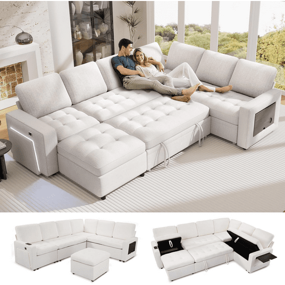 7-Seat Modular Sectional Sofa with Pull-Out Bed, Reclining Backrest, USB Ports, Table, LED Lights & Storage Seats  Tool-Free Assembly, Comfortable Living Room Furniture