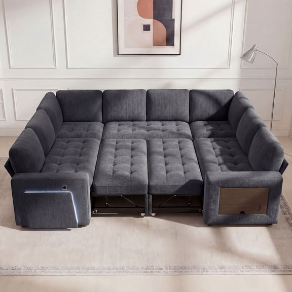 8-Seat Large U Shaped Modular Sectional Sleeper Sofa with 2 Pull-Out Beds, U Shaped 8 Seat Chenille Couch with USB Ports, LED Light, Gray/ Reclining Backrest,, Tool-Free Assembly