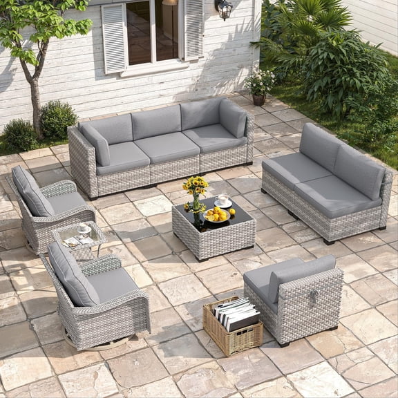 8-Seat Modern Patio Furniture Set with Swivel Rocking Chairs, Thick 4″ Cushions, Dual-Strand Wicker Rattan, Rust-Resistant Steel Frame – Outdoor Conversation & Modular Sectional,Grey