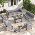 thumbnail image 1 of 8-Seat Outdoor Wicker Patio Furniture Set with Fire Pit Table, Modular Rattan Sectional Sofa & 2 Swivel Rocking Chairs, 4" Thick Cushions, Rust-Resistant Frame,Black, 1 of 9