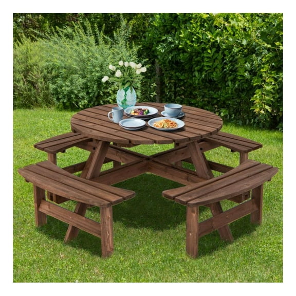 8 Seat Patio Dining Set Wood Picnic Table with Bench, Outdoor Round Table with Umbrella Hole, Fir Wood Garden Furniture for Lawn, Deck, Backyard - 70.5"