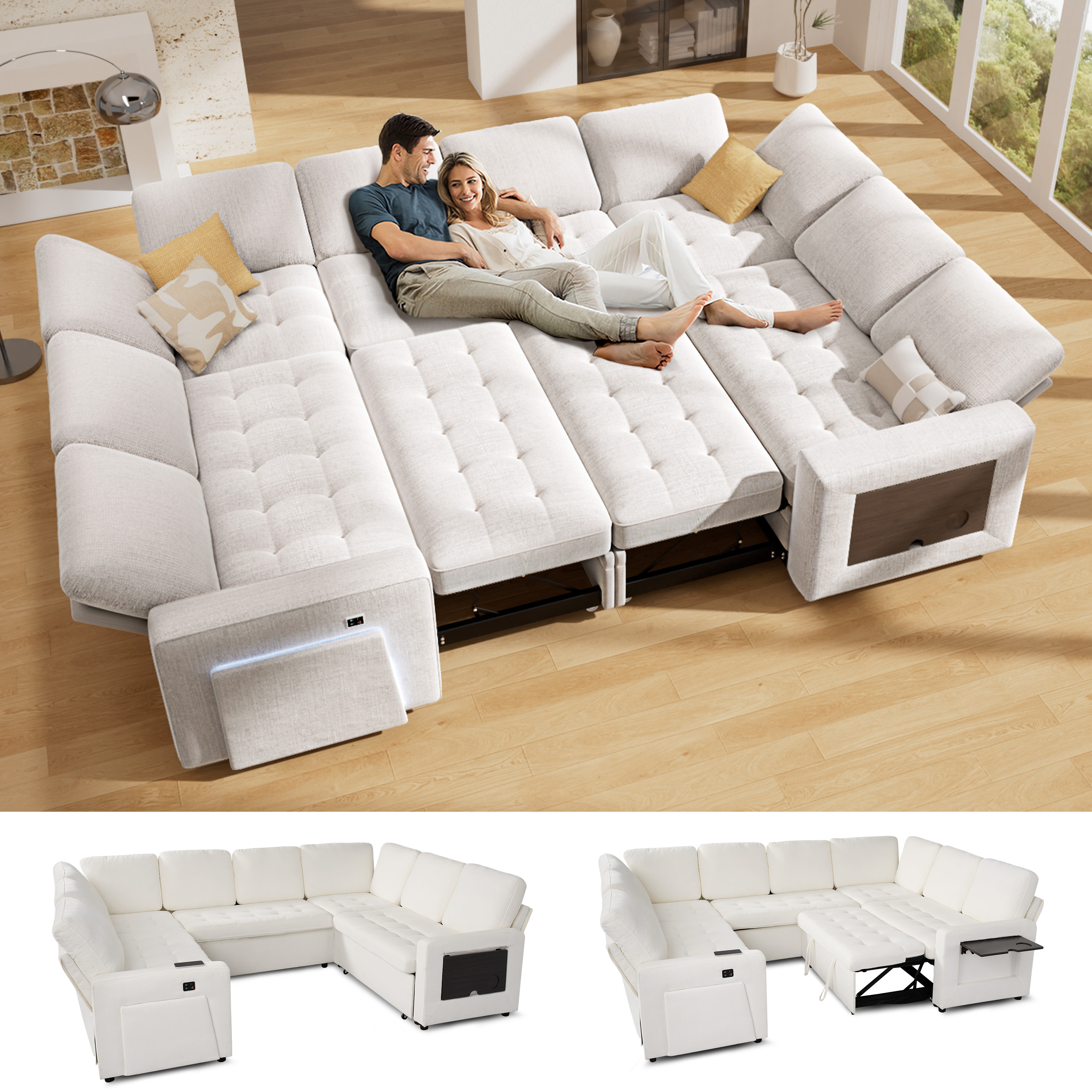8-Seat U-Shaped Modular Sectional Sleeper Sofa with Pull-Out Bed, Adjustable Reclining Backrest, Storage Seats, USB Ports & LED Lights, Easy Tool-Free Assembly
