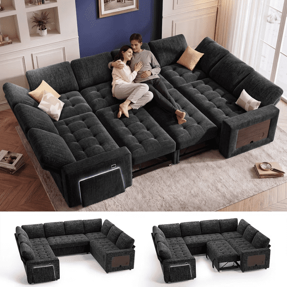 8 Seat U-Shaped Modular Sectional Sleeper Sofa with Pull Out Bed/Reclining Backrest/USB Port/Table/LED Light,Tool-Free Assembly,Chenille Black