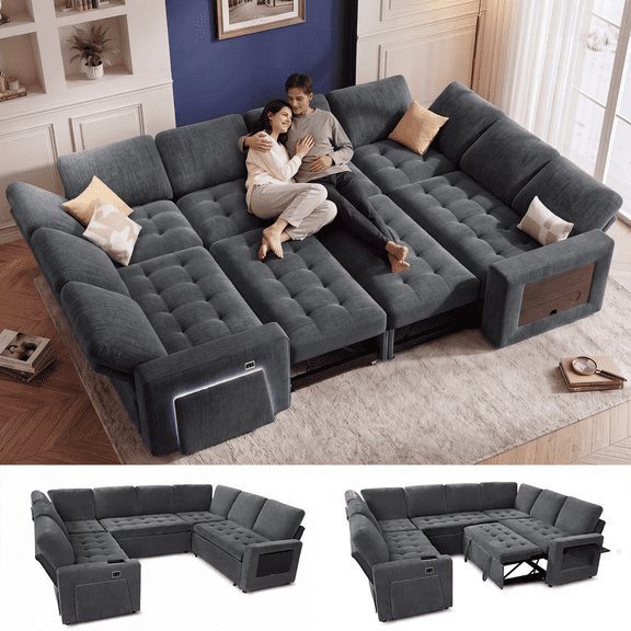 8 Seat U-Shaped Modular Sectional Sleeper Sofa with Pull Out Bed/Reclining Backrest/USB Ports/LED Light Tool-Free Assembly,Chenille Dark Grey