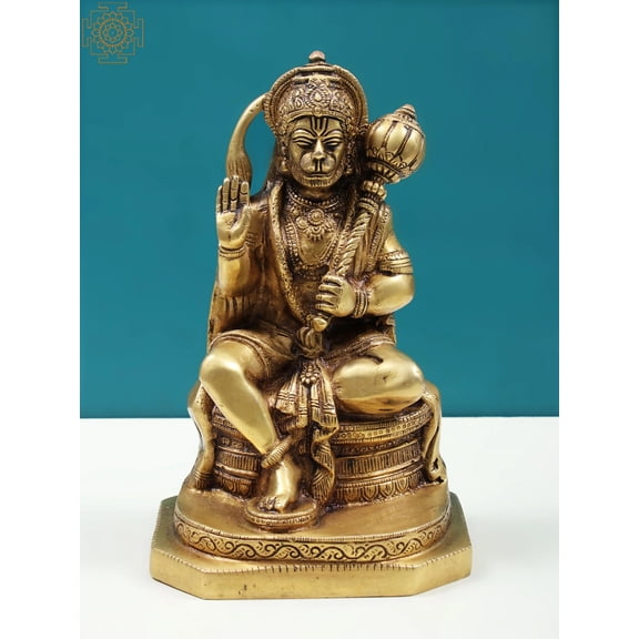 8" Seated Hanuman Brass Statue | Handmade Hindu God Figurine