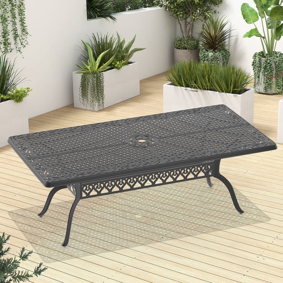 8-Seater Black Aluminum Patio Dining Table | Suitable for Outdoor Entertaining Guests | Traditional Casting with Unique Patterns | Provides Comfort with Free Cushions