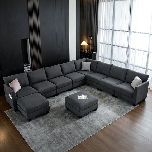 150.4" Modern Oversized L-Shaped Linen Modular Sectional Sofa, 8-Seater Corner Couch with Two Storage Ottomans and USB Ports for Living Room