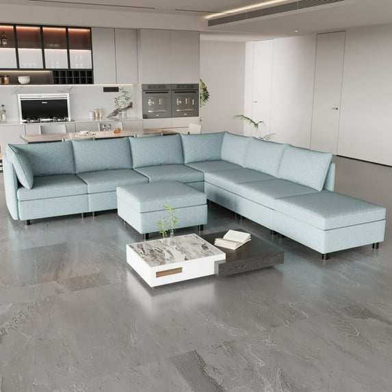 8 Seats Sofa, Convertible Sofa Seat with Storage, Modular Sectional Sofa Set for Living Room, Blue