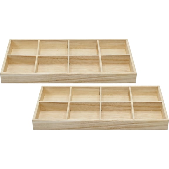 8 Section Wooden Trays – 14" × 7" Rectangular Organizers with 8 Compartments for Crafts, Drawer Tidying, Snacks, and Display | 2 Pack