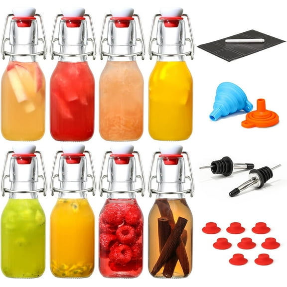 8 Set 4 OZ Swing Top Glass Bottles - Flip Top Beer Brewing Bottles with Stopper for Fermentation, Kombucha, Mead Kefir, Vanilla Extract, Juice, Tea, Wine, Soda - Airtight Cap Lids, Bonus 2 Pourers